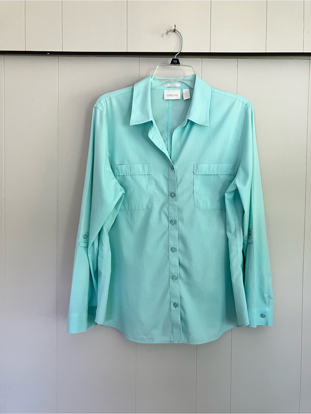 Chico's Aqua No-Iron Button-Up Blouse with Roll Tab Long Sleeves